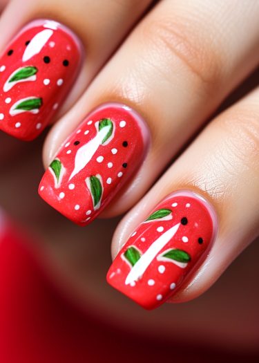 Vibrant red strawberry-themed nail art featuring green leaves and playful dots for a fresh look.