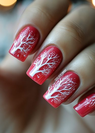 Elegant winter nail art featuring glossy red polish and intricate white tree designs.