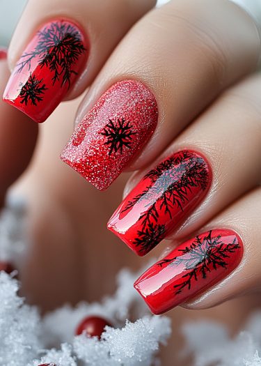 Vibrant red holiday nail art with intricate black patterns and sparkling glitter accents.