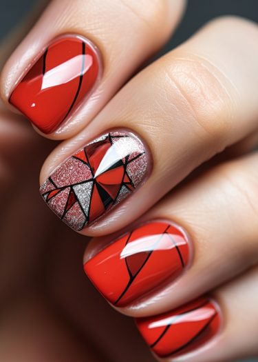 Elegant red nail design with geometric patterns and glitter for a stunning manicure.