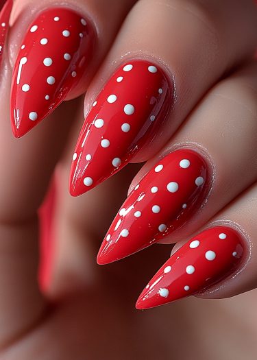 Vibrant red stiletto nails with playful white polka dots make a bold manicure statement.