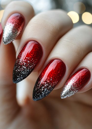 Elegant red and black gradient manicure with glitter on almond-shaped stiletto nails.