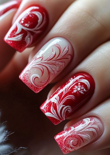 Elegant red and white nail art with intricate patterns and sparkling accents for a festive look.