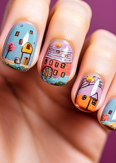 Vibrant village scene nail art with charming miniature houses and whimsical landscapes.