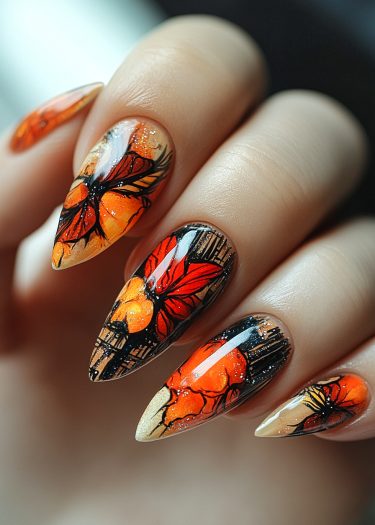 Stiletto nails featuring vibrant butterfly nail art in orange and red with glitter accents.