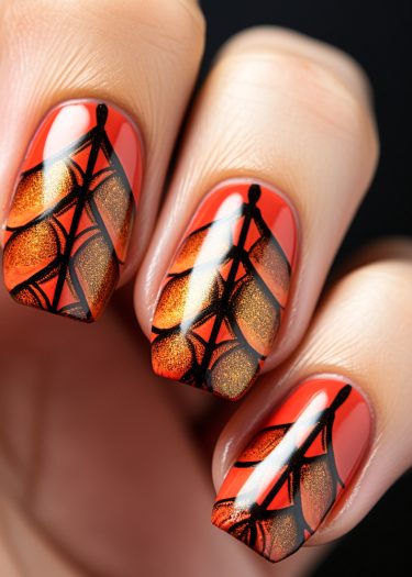 Bright orange nail art featuring intricate black patterns and shimmering accents for a striking look.