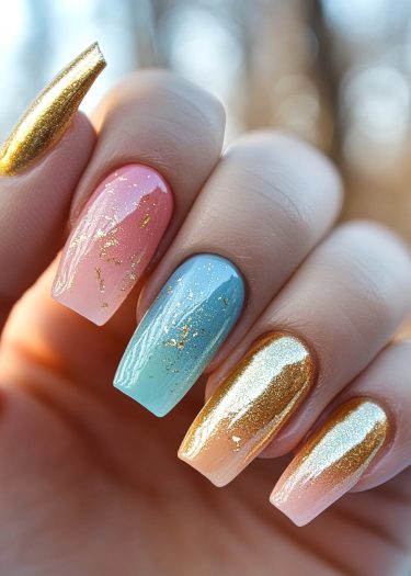 Vibrant pastel metallic nails featuring gold accents in unique, artistic designs for elegant style.