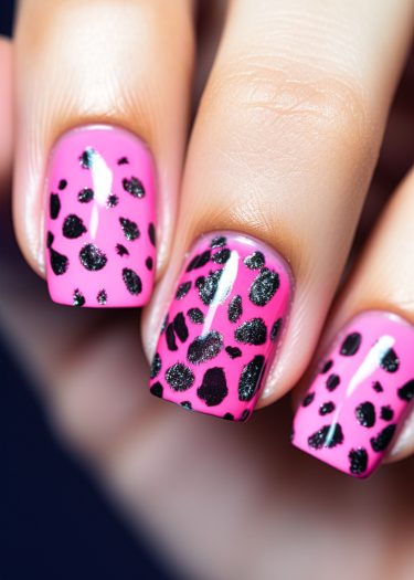 Vibrant pink nail art with sparkly black leopard print for a trendy, bold look.