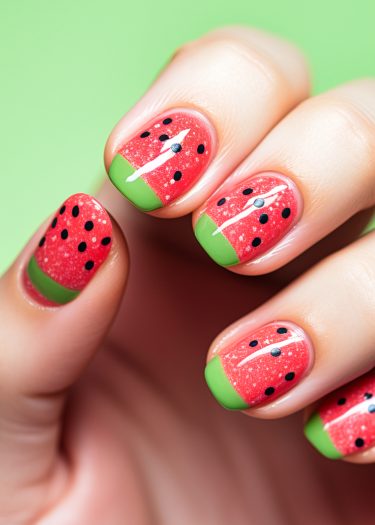 Vibrant watermelon-themed nail art featuring pink-red base, green tips, and black seed accents.