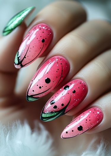 Vibrant watermelon nail art with pink and green design, featuring glossy finish and seed details.