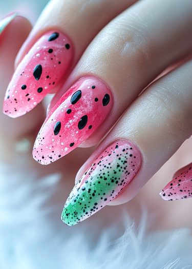 Vibrant watermelon nail art with pink and green gradient and playful seed accents.