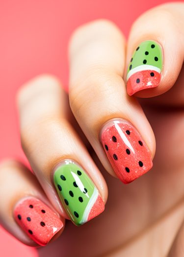 Vibrant watermelon nail art featuring glossy red and green designs with seed details.