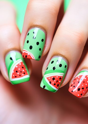 Vibrant watermelon nail art design with green, red, and black colors showcasing playful summer vibes.