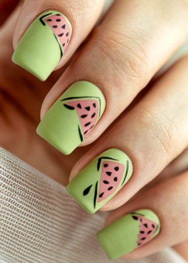 Watermelon nail art featuring pastel green, pink slices, and black seeds for summer style.