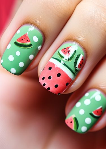 Vibrant watermelon nail art design featuring playful slices and polka dots on a green base.