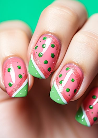 Playful watermelon nail art design featuring vibrant pink and green colors with glitter accents.