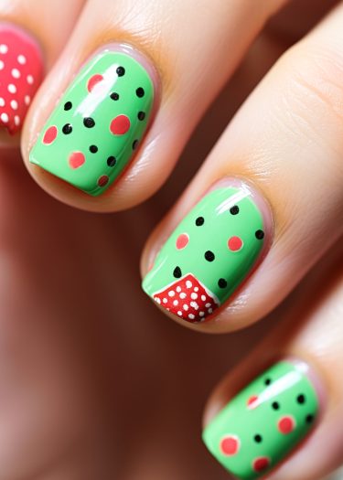 Vibrant watermelon nail art featuring green base, black seeds, and red flesh accents.