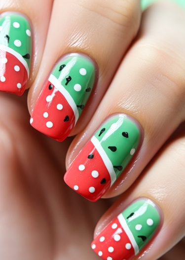 Bright watermelon nail art with green, red, and black details perfect for summer fun.