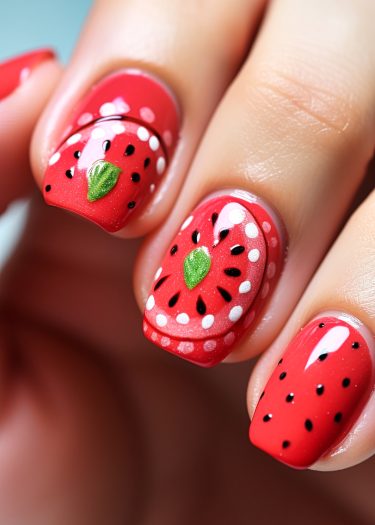 Vibrant watermelon nail art featuring red base, black seeds, and green leaf accents.