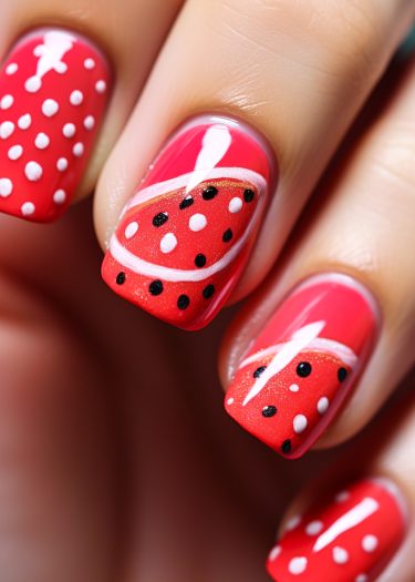 Vibrant watermelon nail art design with detailed fruit slice patterns and glossy finish.