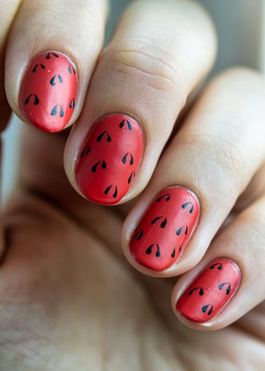 Vibrant coral pink watermelon seed nail art on elegantly shaped oval nails.