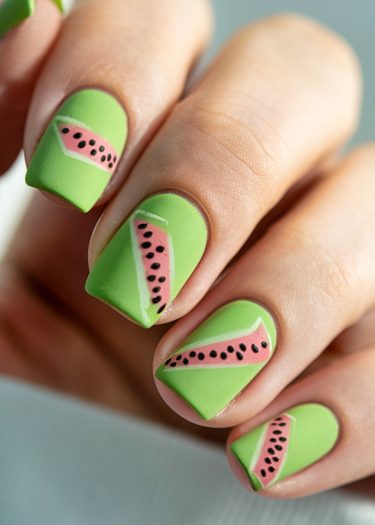 Playful watermelon slice nail art on vibrant lime green matte nails for a fun summer look.