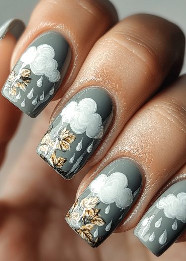 Sophisticated nail art featuring clouds, raindrops, and golden leaves on a gray background.