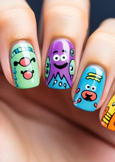 Vibrant whimsical cartoon nail art featuring playful character designs in colorful patterns.