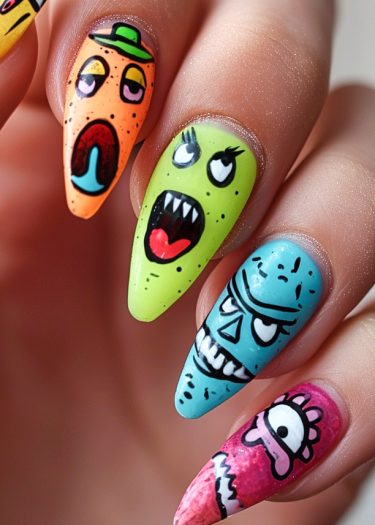 Colorful cartoon monster nail art in whimsical stiletto designs showcasing unique characters and shapes.