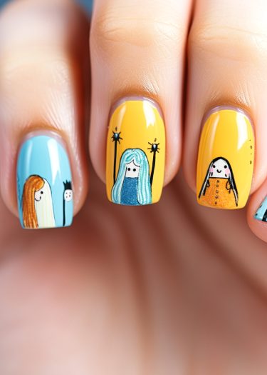 Colorful whimsical character nail art featuring playful designs and vibrant backgrounds.