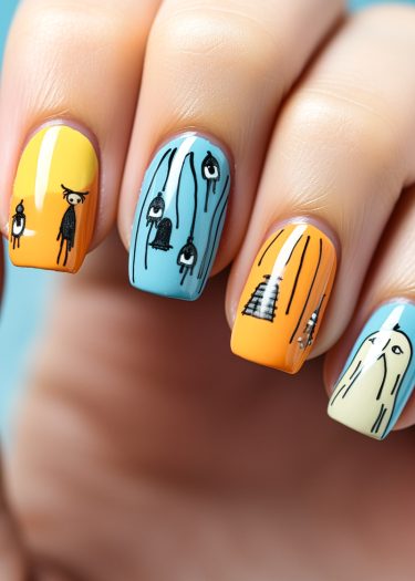 Vibrant whimsical nail art featuring unique designs in bright colors and abstract shapes.