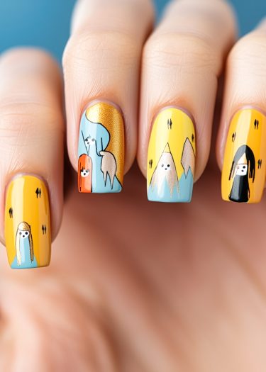 Whimsical nail art features vibrant colors and playful cartoon designs for creative nail decoration.