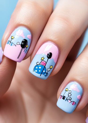 Whimsical nail art featuring pastel colors, balloons, and stars in a playful fantasy design.