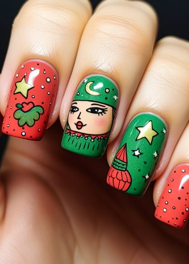 Colorful whimsical nail art designs featuring stars and celestial motifs on polished nails.