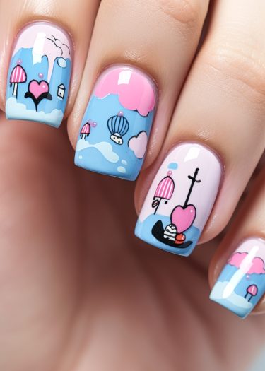 Whimsical nail art featuring pastel designs with hot air balloons and heart-shaped boats.