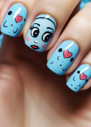 Whimsical pastel nail art featuring playful cartoon designs on beautifully manicured short nails.