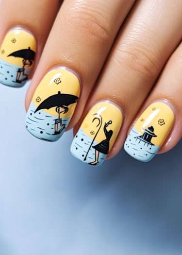 Whimsical pastel nail art featuring charming illustrations and a cheerful color palette.