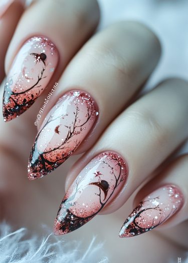 Elegant winter bird nail art with intricate designs, soft pink base, and glitter accents.