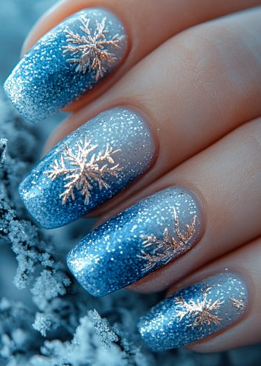 Winter-themed blue glitter nails with snowflake designs for a festive, elegant look.