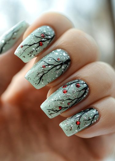 Elegant winter botanical nail art with pastel green base, black branches, red accents, and glitter.