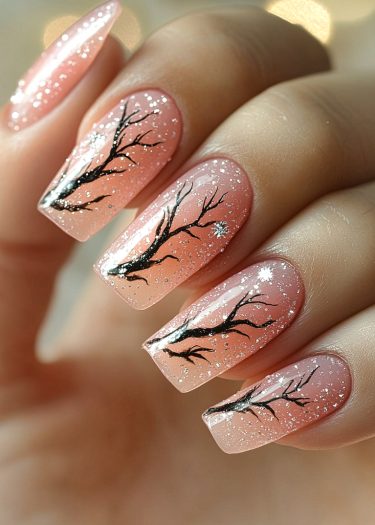 Elegant winter branch nail art with sparkly details on almond-shaped nails.