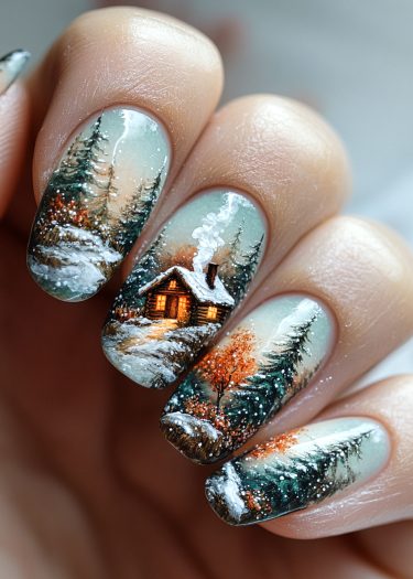 Winter cabin nail art featuring a snowy landscape, cozy cabin, and intricate details.