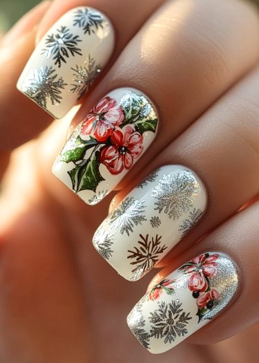 Elegant winter floral nail art featuring vibrant blooms and shimmering snowflakes on a creamy base.