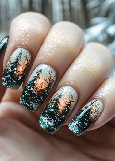 Winter forest nail art features evergreen trees and snow, showcasing intricate seasonal designs.