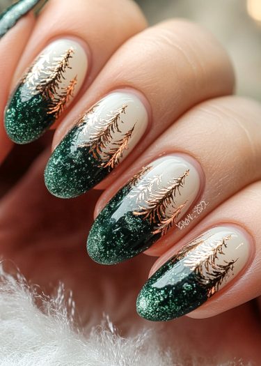 Elegant winter forest nail art with gradient green and bronze fir trees for a festive look.