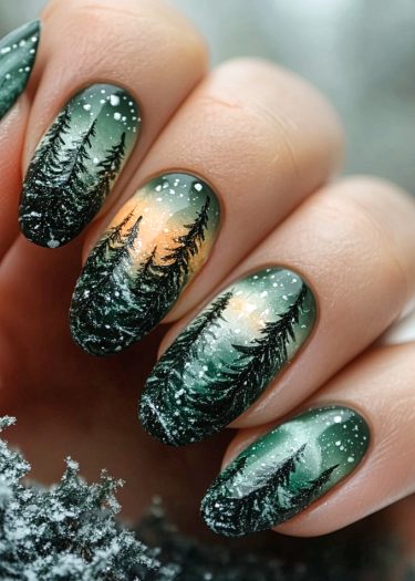 Beautiful winter forest nail art with snowflakes and gradient green background.