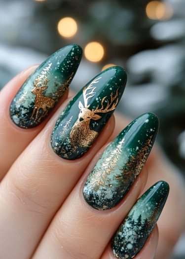 Intricate winter forest nail art featuring green and gold designs with deer and snowflakes.