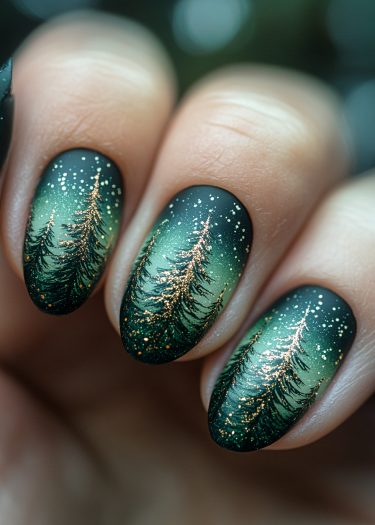 Elegant winter forest nail art featuring golden trees and snowflakes on a gradient green background.