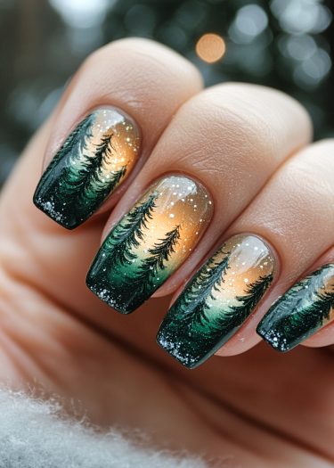 Intricate winter forest nail art features evergreen trees against a twilight gradient background.