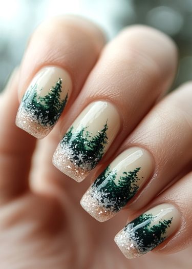 Elegant winter forest nail art featuring pine trees and sparkling snow-inspired tips.